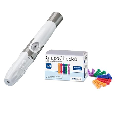 GlucoCheck Lancing Aid and 100 Universal Lancets by Gluco Check (Value Set) For obtaining a drop of blood for measuring blood glucose in diabetes.