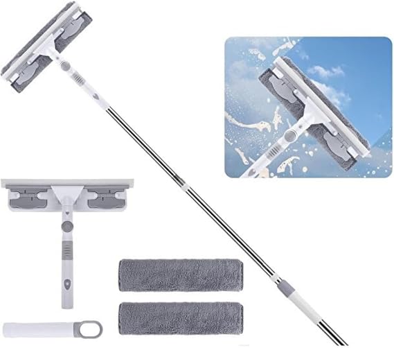 Mikrofiber Cam Silme Mopu Aparatı Profesyonel Set 360 Derece Oynar Başlıklı Mikrofiber , Çekçekli Teleskopik Cam Silme Aparatı ( + 1 Yedekli )
