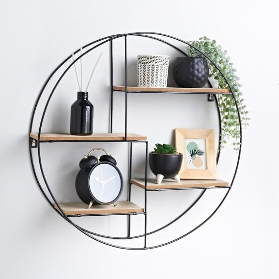 Round Multi-Section Shelf, Round Wall Shelf Unit, 4-Tier Display Storage, Circular Wall-Mounted shelf with Metal Frame and Wooden Boards, Metal Wire Wall shelf, Decorative Floating shelf.
