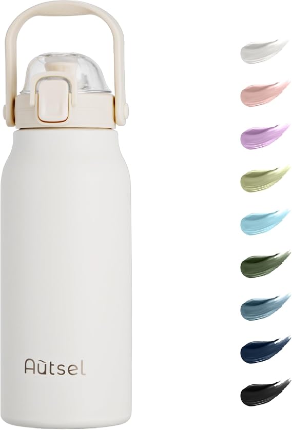 1.7L Stainless Steel Water Bottle with Straw, Large Metal Flask with Handle