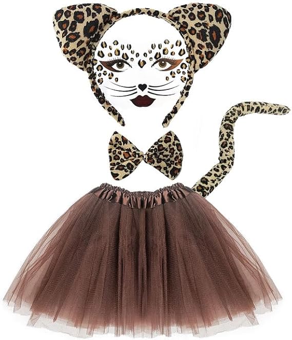 EUPSIIU 5 Pieces Leopard Costume Set Include Face Sticker Leopard Ears Bow Tie Tail Brown Tutu Skirt, Animal Costume Set for Kids Carnival Cosplay Halloween Christmas Party Accessories (Brown)