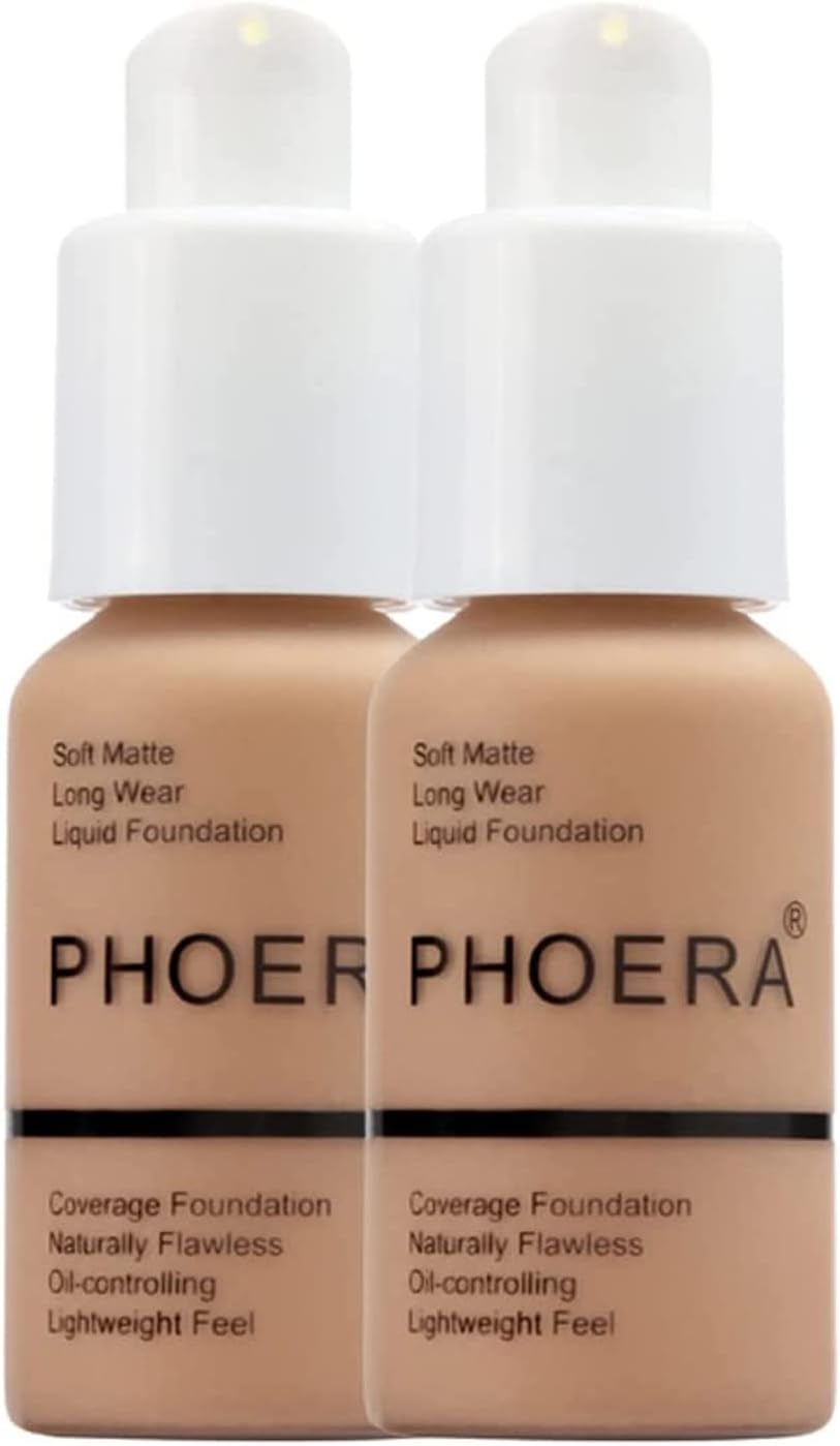 Glamza Phoera Foundation Full Coverage Makeup Set - 24hr Long Lasting Oil Control - Soft Smooth Matte Flawless Concealer Cream - Inc x2 30ml Foundation & Silicone Blender Sponge 101 Porcelain
