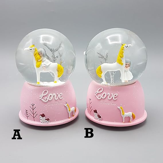 Mini Pembe Kar Küresi - Sevimli Unicorn ve Kız Tasarımlı - Işıklı