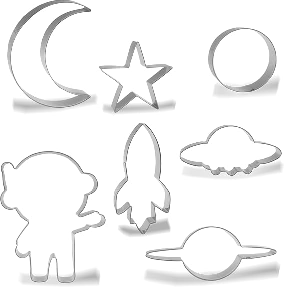 Keewah Space Cookie Cutter Set - Rocket, Astronaut, UFO, Moon, Saturn, Star, Planet - 7 Piece - Stainless Steel