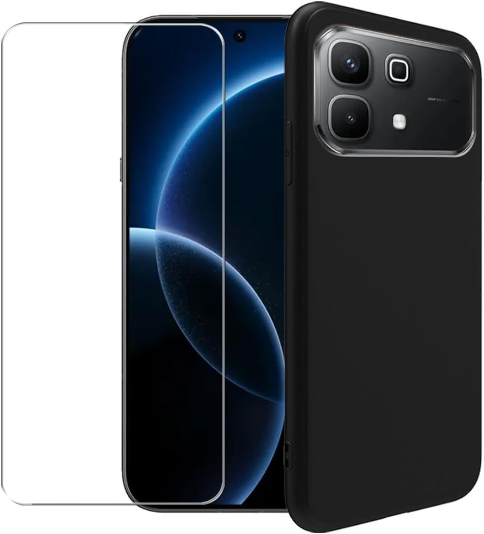 ケース Infinix Note 60用  ガラススクリーンプロテクター 強化フィルム - 透明シリコン ソフト フレキシブル バンパー 耐衝撃 TPU 保護カバーシェル ブラック