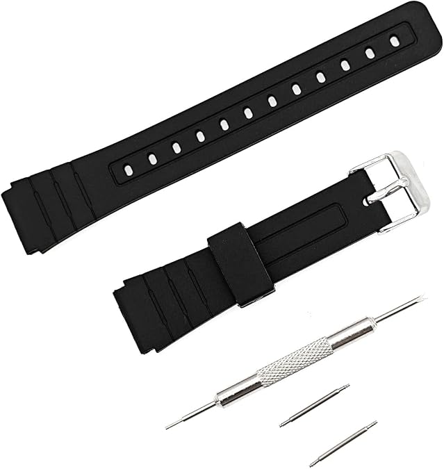 JZK Replacement watch strap for Casio F-91W F-84 F-93 F-94 F-98 F-105 F-106W F-108 F-201 W-59 A-158, plastic black watch band with spring bar pin and watch strap removal tool