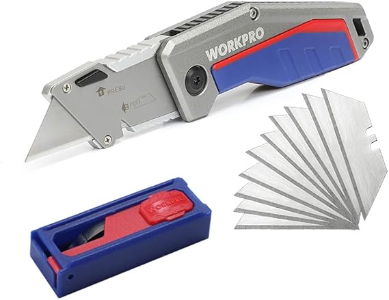WORKPRO WP211012 Ağır Hizmet Alüminyum Gövde Katlanır Rötuş Maket Bıçağı + 10 Adet Yedek Bıçak