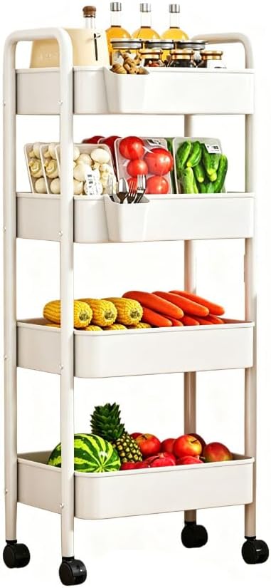 Storage Trolley on Wheels Multifunctional Kitchen Trolley with Wheels And Hooks for Kitchen And Bathroom, Rolling Cart Niche Shelf Horizontal & Vertical Use,Weiß,vierstöckig