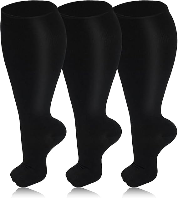 3 Pairs Plus Size Compression Socks for Women &amp; Men, 20-30 mmHg Wide Calf Extra Large Knee High Flight Socks Compression Stockings for Circulation Support