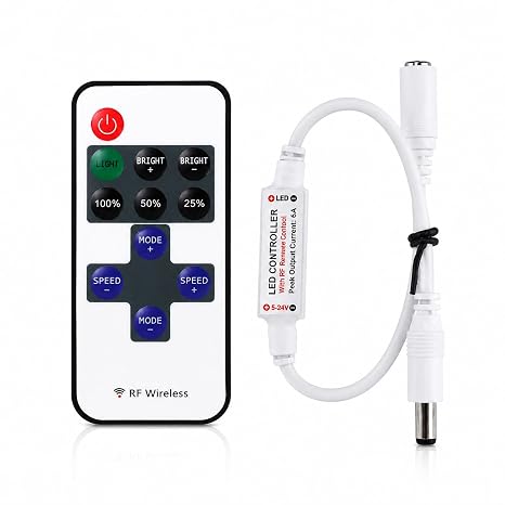 Wireless LED Dimmer Controller, 5V-24V Brightness Adjustable with 11-Key RF Remote & DC Plug for Single Color LED Strip Lights