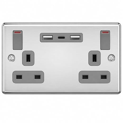 Amoi Double Plug Socket with USB C, 2 Gang 13A Switched Wall Socket, 18W Fast USB Charging (1 USB-C & 2 USB-A Ports), Brushed Steel Metal Socket Grey Inserts, Fits 25mm Back Box