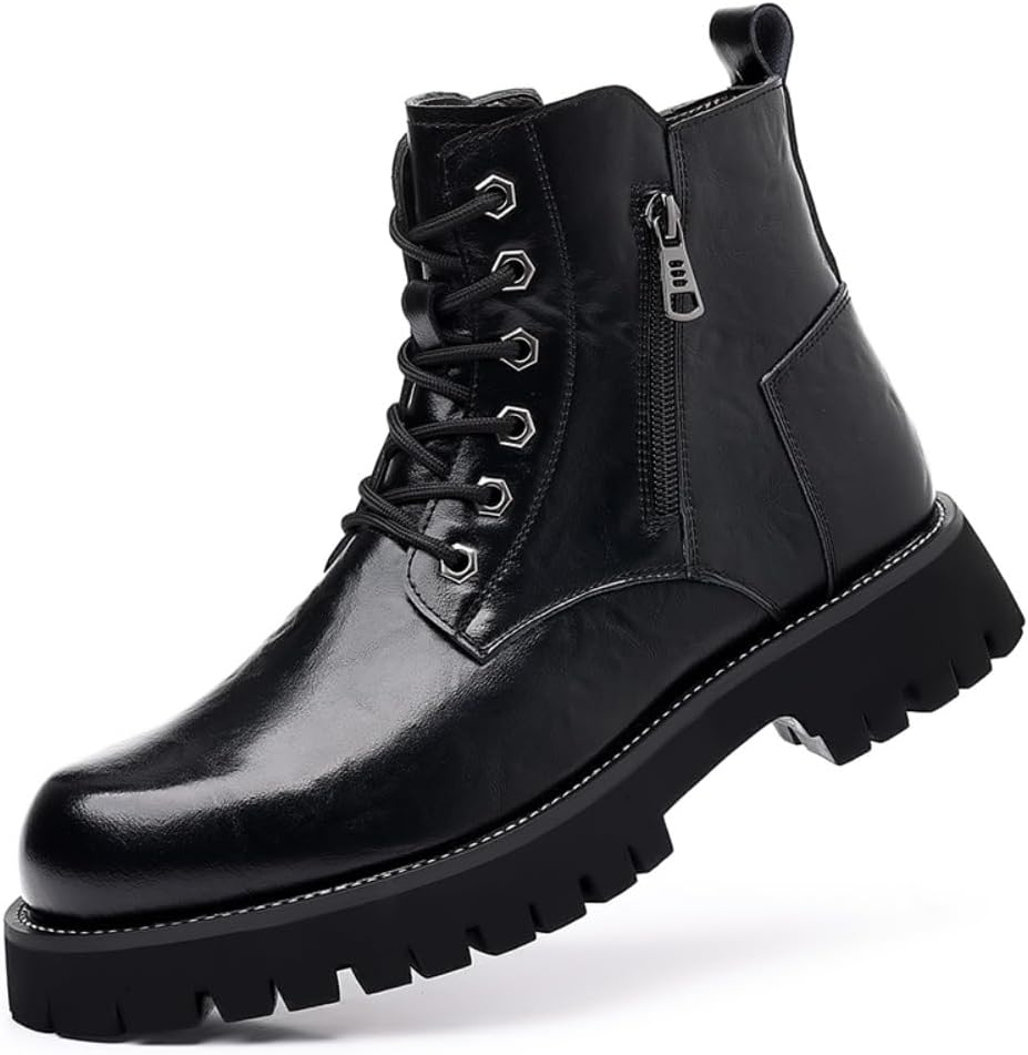 Thrym Men's High Top Combat Boots Side Zipper Lace Up Non-Slip Rugged Sole Casual Work Ankle Boots