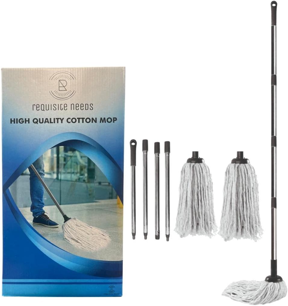 Requisite Needs 120cm Long Cotton Floor Mop with Detachable Head and Handle - Ergonomic Design - Lightweight and Easy to Use - Includes 2 Cotton String Heads