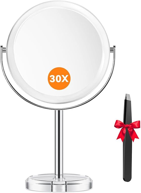 Auxmir 30X Magnifying Makeup Mirror, 30X/1X Double Sided, 6.8 Inches | 360° Rotation, Stable Stand, Tweezers Included, for Makeup and Shaving, Bathroom Vanity, Dressing Table, Bedroom and Desktop
