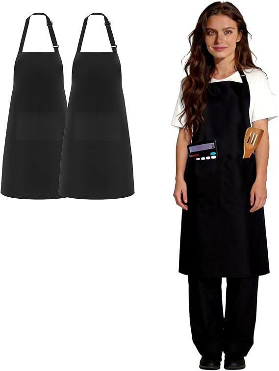 Black Apron 2 Pack, With 2 Pockets, Adjustable for Men & Women