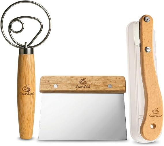 SauerSoul Premium Sourdough Baking Set - 3 Essential Bread Baking Tools: Danish Whisk Dough Card & Bread Knife - With Wooden Handles Organic & Ergonomic - Beautiful Gift for Bread Lovers