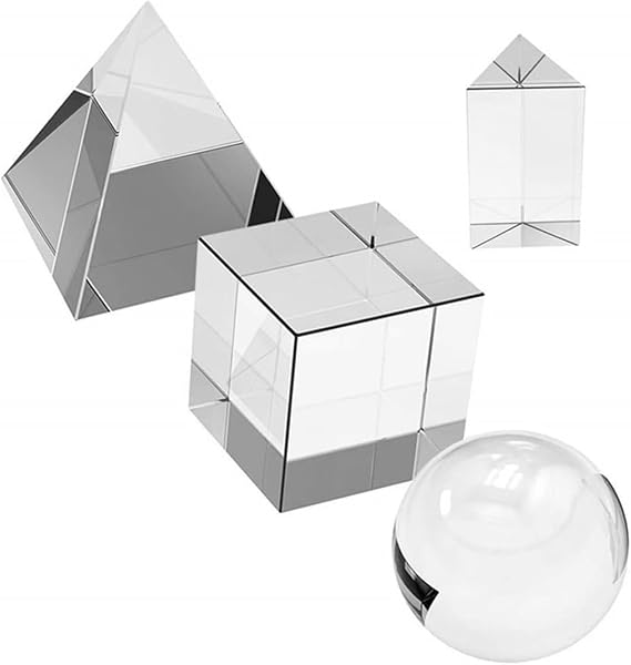 4pcs K9 Optical Crystal Photography Prism Set Including 50mm Crystal Cube 50mm Crystal Triangular Prism 55mm Crystal Ball 60mm Crystal Pyramid for Physics
