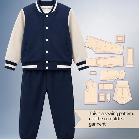 Varsity Tracksuit Sewing Pattern Set, Color Block Baseball Jacket & Jogger Pants 1:1 Template, Illustrated Sewing Guide, Finished Outfit Not Included