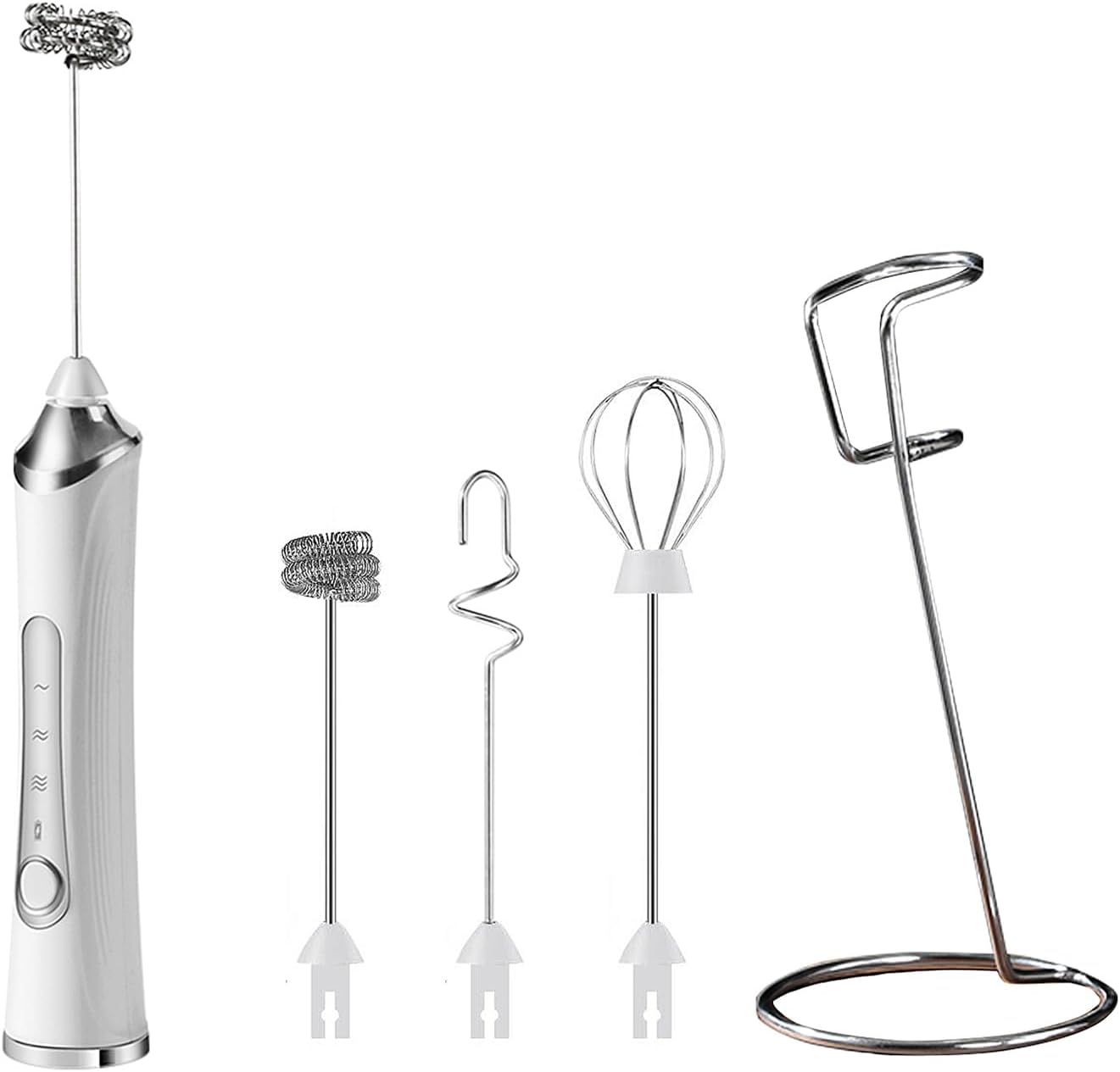 Milk Frother with Stainless Steel Stand, Rechargeable Handheld Whisk & Electric Drink Mixer with 3 Whisk Heads & 3-Speed for Latte & Cappuccino (White)