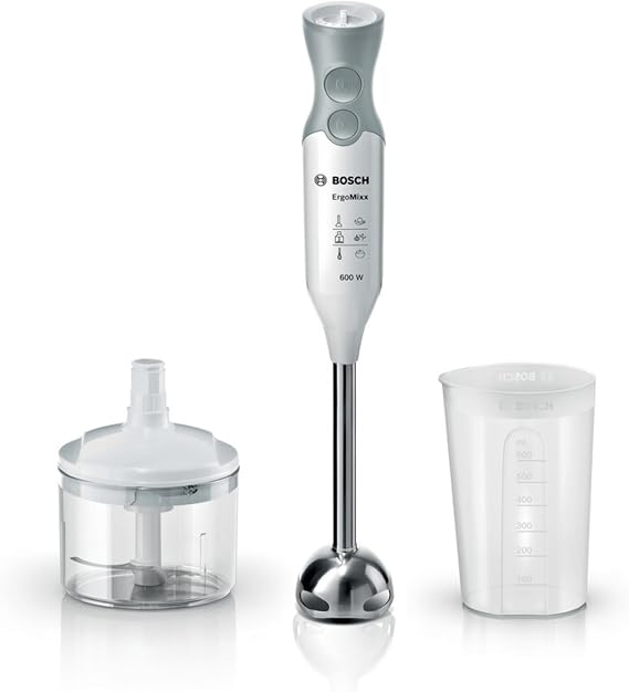 Bosch Ergo Mixx MSM66120 – Hand Blender, 600 W, Turbo Speed and Speed Regulator, Dome with Four Blades, with Chopper and Mixing Cup, White/Grey