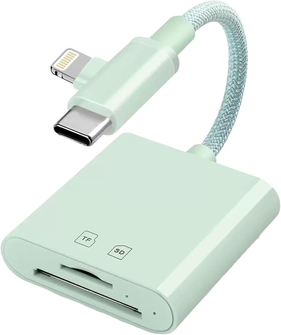 Apple MFi認証 iPhone iPad Mac用SDカードリーダー USB-CとLightningデュアルスロット付きSDカードアダプター MicroSD/SD用 TFカード トレイルカメラビューアメモリ プラグアンドプレイ グリーン