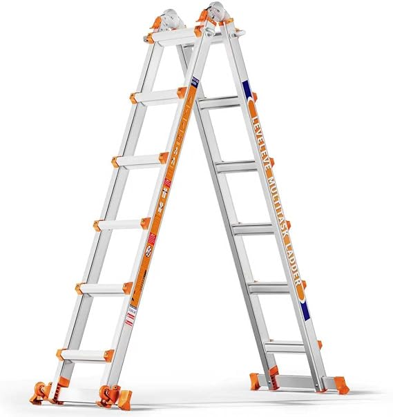 A Frame with 6 Step Ladders, a 6 m Long Sliding Ladder with Stabiliser and Wheels, 150 kg Safety Load Ladder with Multiple Positions for Stairs Home Indoor Outdoor Roof