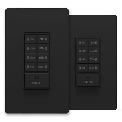 Countdown Wall Timer Switch, Programmable for Exhaust Fan and Lights, 1-5-10-20-30-60mins-2H, in-Wall Bathroom Fan Timer Light Switch, Wall Plate Included, Neutral Wire Required,ETL Listed, Black, 2PK