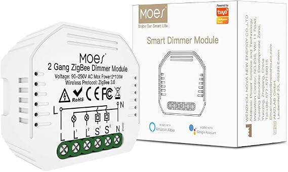 MOES ZigBee Mini Smart Alexa Dimmer Light Switch 2 Gang Relay Module Wireless Switch LED Compatible with Smart Life Tuya Amazon Alexa Google Home Works Only with Tuya ZigBee Hub