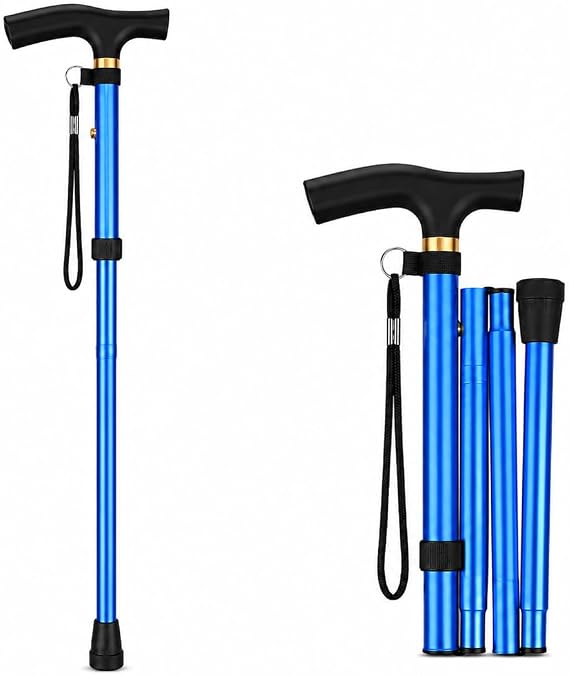 foldable walking stick adjustable collapsible walking stick lightweight aluminium cane blue folding walking stick for men women disabled mobility aids portable travel walkig cane With Wrist Strap