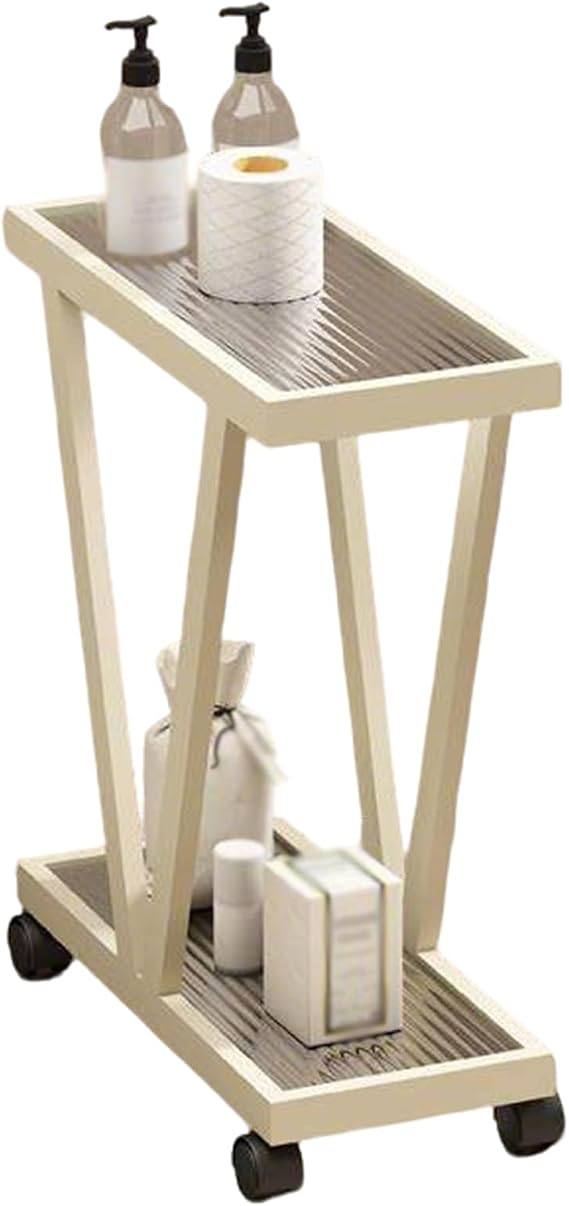 Metal Storage Shelves, Bathroom Narrow Ga-p Organizer Stand, Side Table Cart With Glass Top & Wheels For Living Room Bedroom Kitchen Office(Beige,45x15x50cm)