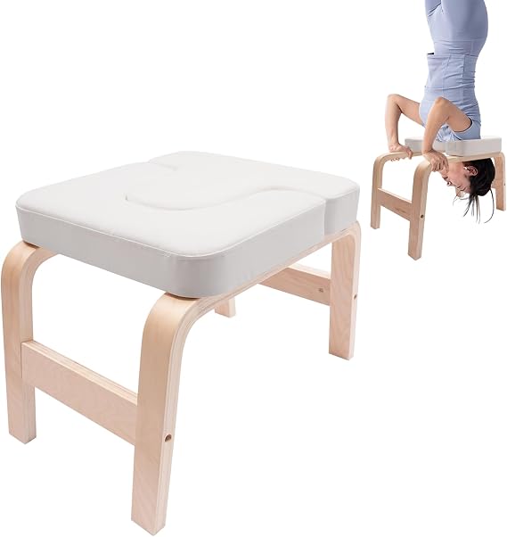 Yoga Headstand Bench, Stable Inversion Table with Solid Wood Frame, Multi-Purpose Yoga Chair for Home Core Training, Balance Exercise, Fitness Gym, White