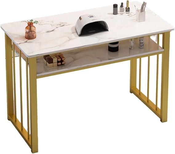 ohfruit Manicure Table for Nail Tech, Marble Texture Desk with Golden Frame & Storage Shelf, Professional Nail Beauty Station for Spa Salon Home Use, Sturdy Iron Base, 80/100/120cm 80 cm
