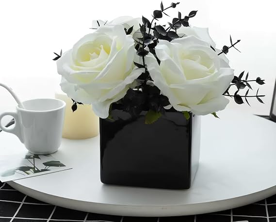 Artificial Flowers with Small Ceramic Vases, Roses in Vases Plastic Artificial Flowers and Plants,Used for Home Office Wedding Decoration, Table Decoration-Black