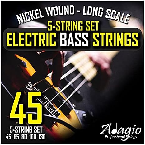 "5 String" Electric Bass Strings Light/Medium Gauge | Steel Core Set With Ball Ends | Best For Playing Power/Swing Bass Guitars (Five String Bass Guitar Strings Long Scale) - ADAGIO PRO