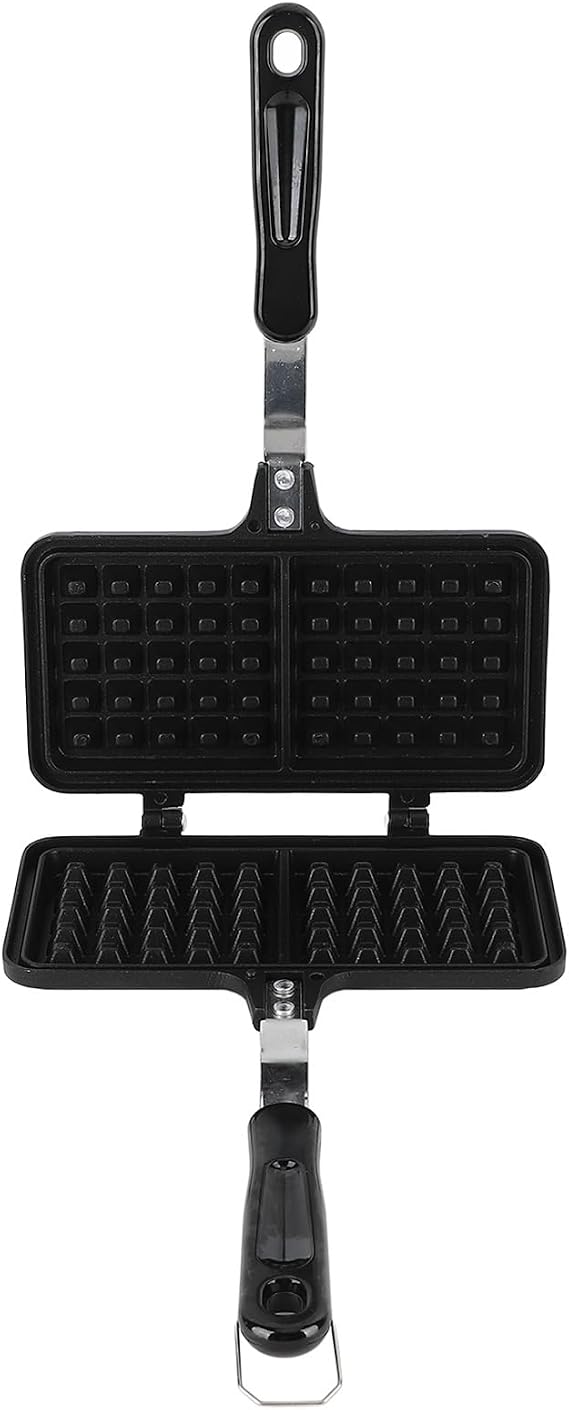 Double Waffle Baking Pan, Aluminum Stovetop Waffle Maker with Even Heating, Non Stick Coating, Compact Design, Multifunctional Use for Breakfast Delicacies, 8.3x13.0x1.2in
