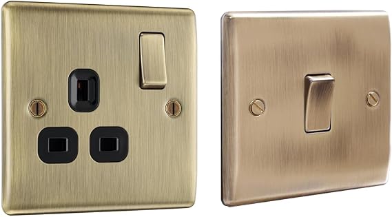 BG Electrical Single Switched Power Socket with Black Inserts, Antique Brass, 13 Amp & BG Electrical nab12 Single Light Switch, Antique Brass, 2-Way, 20Amps and 16AX
