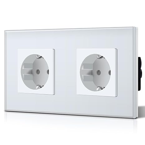 BSEED Double Wall Socket with Glass, Standard Recessed Sockets, Schuko Single Plug 16A 250V, Power Socket for Kitchen, Bedroom, Office, Hotel, M Series, 2 Sockets, 157 mm White