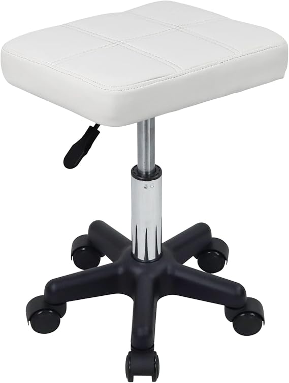FURWOO Rectangle Rolling Stool with Wheels Swivel Stool Chair Spa Stool for Salon Massage Home Kitchen White