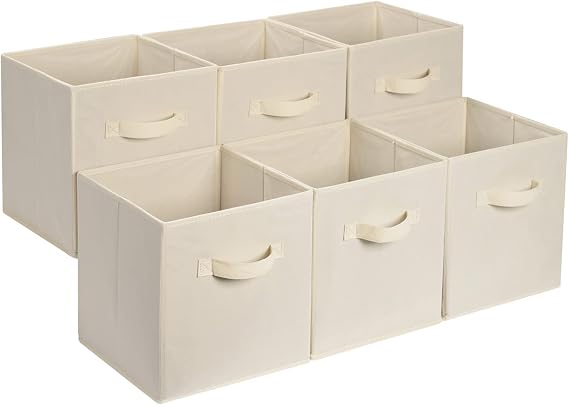 Amazon Basics Foldable Fabric Storage Bins with Handles 13x13x13 Inches, Beige, Set of 6