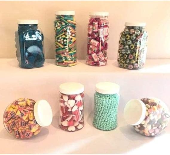 8 Assorted Empty Retro Plastic Sweet Jars for Candy Buffet - Just add sweets (White Lid)