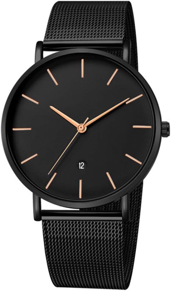 Unendlich U Mens Black Watch Ultra Thin Minimalist Fashion Luxury Wrist Watches with Digital Calendar, Business Waterproof Casual Golden Pointer Quartz Watch with Stainless Steel Mesh Band
