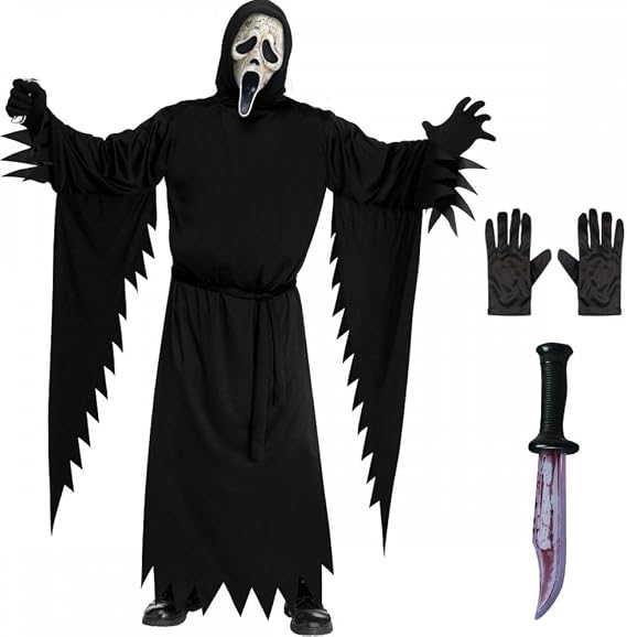 Adult Mens Official Scream AGED Ghost Face Costume + Black Gloves + Bloody Blade : Halloween Horror Film Theme Fancy Dress
