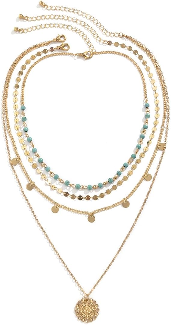 CYWQ Gold Layered Turquoise Necklace for Women Multi Boho Bohemian Long Necklace Coin Pendant Necklaces Jewelry