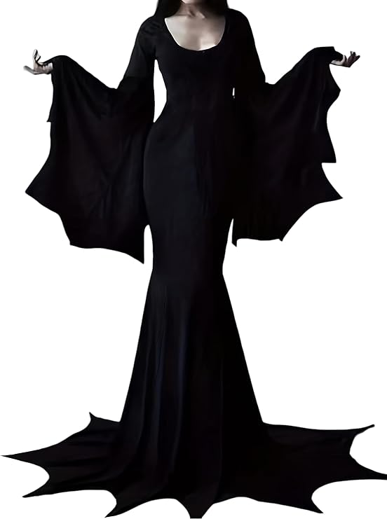 YEAXLUD Vampire Womens Halloween Costumes Long Wide Sleeves Morticia Addams Costume Wrap Gothic Witch Dress