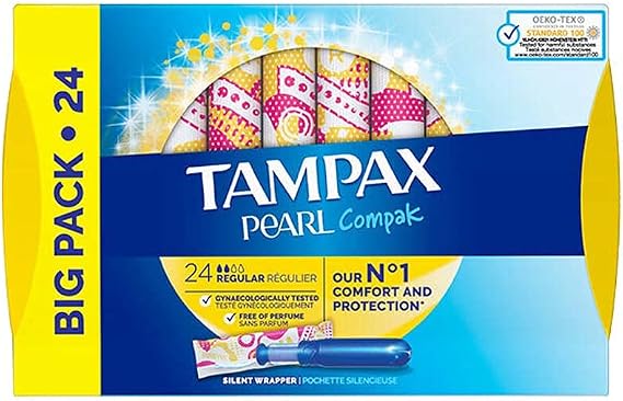 Tampax Compak Pearl Regular Insertion Sleeve Tampons, Blue, 24 Count