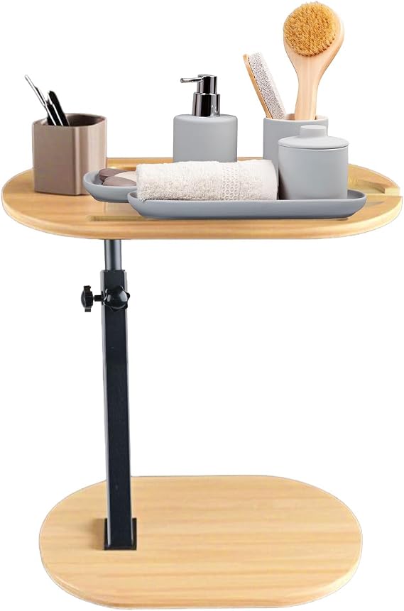 Aegistus C-Shaped Side End Table, Bed Side Table for Bedroom, Over Bed Table Adjustable Height, Sofa Table, Bamboo Bathtub Tray Table with Adjustable Height for Living Room Sofa Couch Bedrooom