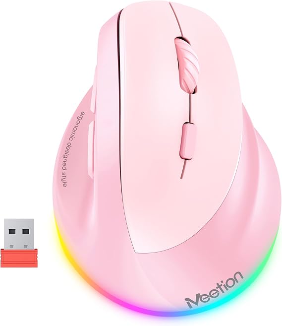 MEETION Ergonomik fare, kablosuz dikey fare RGB arkadan aydınlatmalı şarj edilebilir fare, Bluetooth (5.2 + 3.0) USB-A Tip-c adaptörlü 4 ayarlanabilir DPI uyumlu Mac/Windows/Andriod/PC/Tablet/iPad