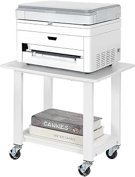 SunnyPoint 2-Tier Under Desk Printer Stand with Storage Shelf and Steel Frame, Industrial Mobile Printer Cart Holder with Lockable Wheels for Home and Office WHT