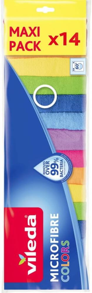 Vileda Microfibre Multi-Purpose Cloths Colours, Cleaning Cloths for Dry and Wet Use, 100% Microfibre Material, 30 x 30 cm, Multicoloured, Maxi Pack, Pack of 14