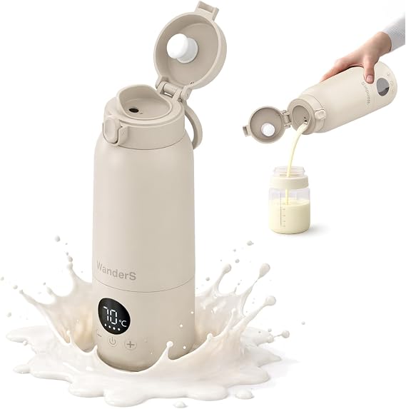 Portable Milk Warmer by WanderS – 500ML Portable Bottle Warmer for Travel with Precise Temp Control, Built-in Sterilizer, 316L Stainless Steel, USB-C Charging, IPX6 Waterproof & Safety Lock